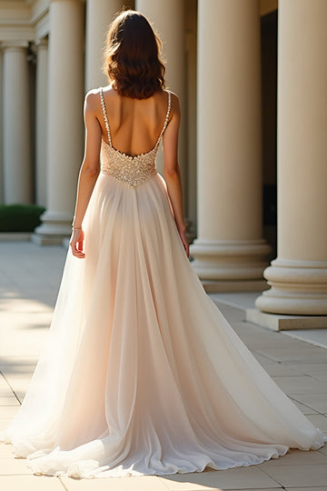 A Line Champagne Spaghetti Straps Long Formal Dress with Slit